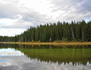 Fototapeta na wymiar Across the lime green lake of Goldeye campground near Nordegg, Alberta, Canada creates reflection of the pine trees