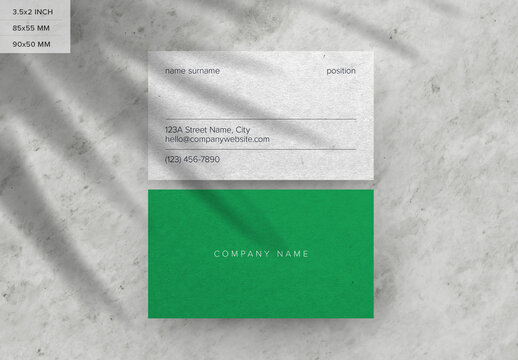 Dual Business Card Mockup &ndash; Top and Bottom View Layout on Stone Background with Natural Shadows for Realistic Branding Presentation