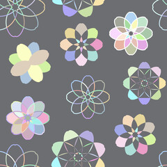 Seamless pattern with abstract flowers on a gray background. Theme for printing on wallpaper, wrapping paper, clothing, postcard. Background with multi-colored flowers.