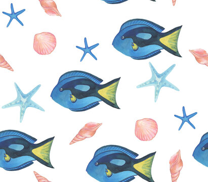 Watercolor pattern with funny fishes. Seamless texture