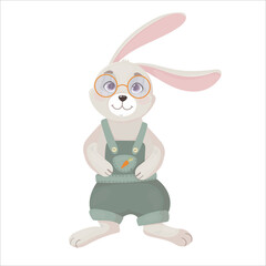 Funny Rabbit in overalls in a cartoon style. Hare is a farmer. Vector illustration isolated on white background.