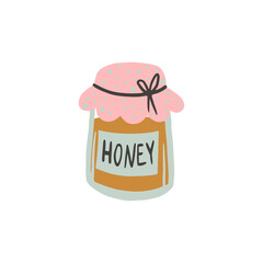 Cute cartoon jar of honey. Sweet treat in pot. Vector illustration in flat style. Isolated illustration on white background