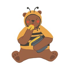 Cartoon happy bear wearing bee costume isolated on white background. Vector childish brown bear in wasp clothes illustration. Cute flat character perfect for textile, sticker, poster, card
