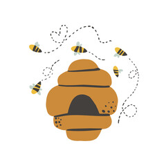 Cartoon happy bee house isolated on white background. Vector childish wasp home illustration. Cute flat insect hive perfect for textile, sticker, poster, card
