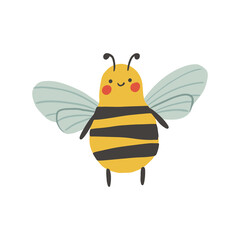 Cartoon happy wasp or bee isolated on white background. Vector childish bee illustration. Cute flat insect perfect for textile, sticker, poster, card