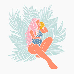 Plus size girl drinks coconut water, sits on tropical leaves. Body positive concept. Attractive overweight woman in cute swimsuit. Concept for fat acceptance movement no fatphobia.Cartoon illustration