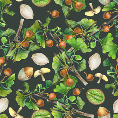 Ginkgo biloba. Watercolor seamless pattern with branches, leaves, fruits and seeds on a dark green background