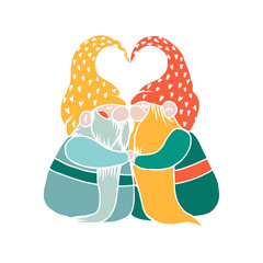 Trendy valentine gnomes couple. Vector valentines day greeting clipart for card, poster, sublimation printing on t shirt, mug, dish towel. Cute lovers in pink and purple colors