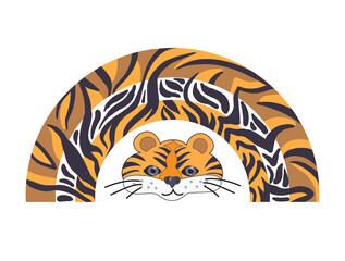 Tiger striped rainbow. Rainbow with colors and a tiger head isolated on white background. Stock vector illustration.