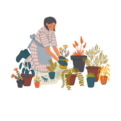 Hand drawn young girl plants flowers in pots. Cute woman transplants plants, doing gardening, preparation to spring. Home hobby, relaxation concept. Vector illustration
