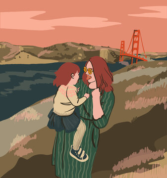 Mother holding daughter on nature landscape background. Family outdoor time concept. Family trip to San Francisco, Golden Gate. Flat vector illustration, good for card, poster, magazines, web design