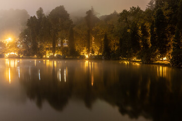 Lago Negro lake with fog, lights and reflection