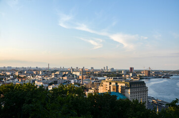 Panoramic view of the Dnipro River right bank and  one of the oldest neighborhoods Kyiv, Podil district. Historical part of the capital of Ukraine