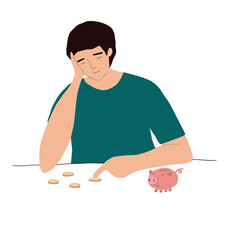 Cartoon sad man counts his money from piggy piggy bank. Bankruptcy and unemployment concept. A man or woman is thinking about finances. Flat vector illustration