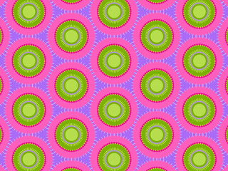 Modern geometric pattern in purple, magenta, green colors. Bright positive spring kaleidoscopic print for fabric design, wrapping paper, stationery. Repeating textile pattern with circles.