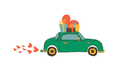 Cute green vintage car with presents and heart on top. Perfect for Valentine Card, birthday greeting card, sublimation printing, logo or other designs
