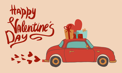 Cute red vintage car with heart and presents on top and lettering Happy Valentines day. Perfect for Valentine Card, birthday greeting card, sublimation printing, logo or other designs