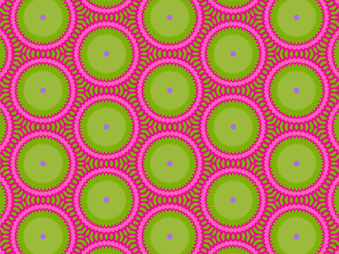 Modern geometric pattern in purple, magenta, green colors. Bright positive spring kaleidoscopic print for fabric design, wrapping paper, stationery. Repeating textile pattern with circles.