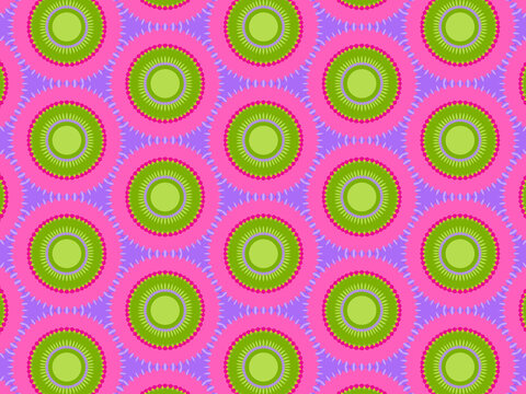 Modern geometric pattern in purple, magenta, green colors. Bright positive spring kaleidoscopic print for fabric design, wrapping paper, stationery. Repeating textile pattern with circles.