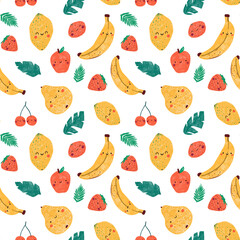 Seamless pattern with fun food. Children's pattern with healthy, green food on a white background. Cartoon smiling fruits. Hand Drawn illustration