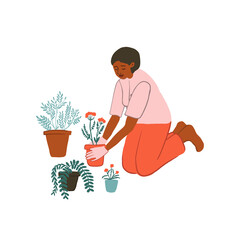 Hand drawn young girl plants flowers in pots. Cute woman transplants plants, doing gardening, preparation to spring. Home hobby, relaxation concept. Vector illustration