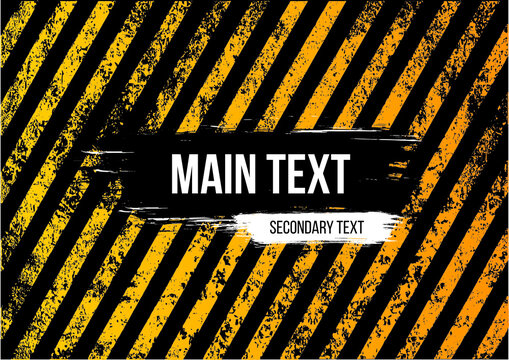 Yellow damaged stripes on a black background with scratched space for text. Warning or construction sign with place to insert text. Vector graphics.