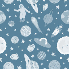 Seamless pattern of the planets of the Solar System in flat style. Pattern with planets and stars. Vector blue background, perfect for fabric, textile, wallpaper, wrap paper