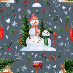 Pattern with snowmen in watercolor