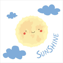 Cartoon childish the sun with clouds and lettering Sunshine. Vector illustration for t shirt, mug, dish towel design. Perfect for Sublimation printing