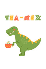 Cute cartoon dinosaur with quote Tea Rex . Flat childish dino with lettering. Perfect for greeting card, sublimation printing on t shirt, mug, poster