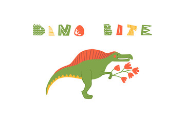Cute cartoon dinosaur with quote Dino Bite. Flat childish dino with lettering. Perfect for greeting card, sublimation printing on t shirt, mug, poster