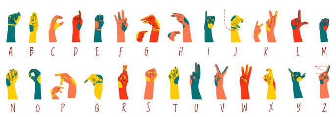 American sign language alphabet and numbers horizontal poster with ornament on hands. Different skin colors vector illustration for ASL education poster, card, brochure, canvas, website, books