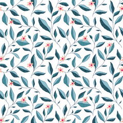 Seamless pattern with leaves and little flowers. Vector elegant floral background.