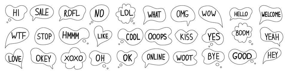 Speech bubble phrases hand draw big set . Online chat clouds with different words comments information shapes vector isolated on white background. Stock illustration