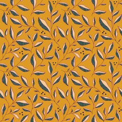 Seamless pattern with doodle colorful leaves. Vector floral background with stylized tree branches.