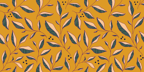 Seamless pattern with doodle colorful leaves. Vector floral background with stylized tree branches.