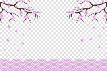 Sakura blossom branch. Falling petals, flowers. Isolated flying realistic japanese pink cherry or apricot floral elements fall down vector background. Cherry blossom branch, flower petal illustration © Aozora