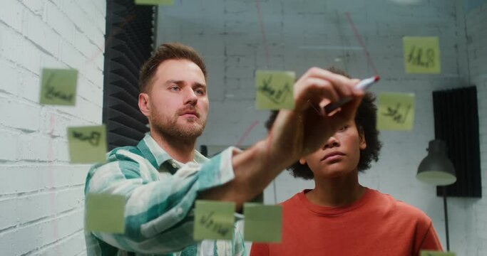 A young man and woman are planning in the office, drawing on a glass board