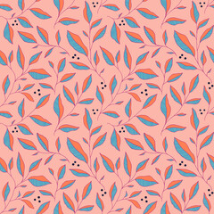 Seamless pattern with doodle colorful leaves. Vector floral background with stylized tree branches.