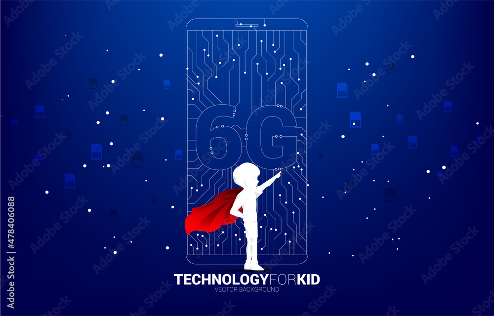 Aufkleber silhouette of kid in superhero suit with 6g dot connect line circuit board style mobile phone icon. 