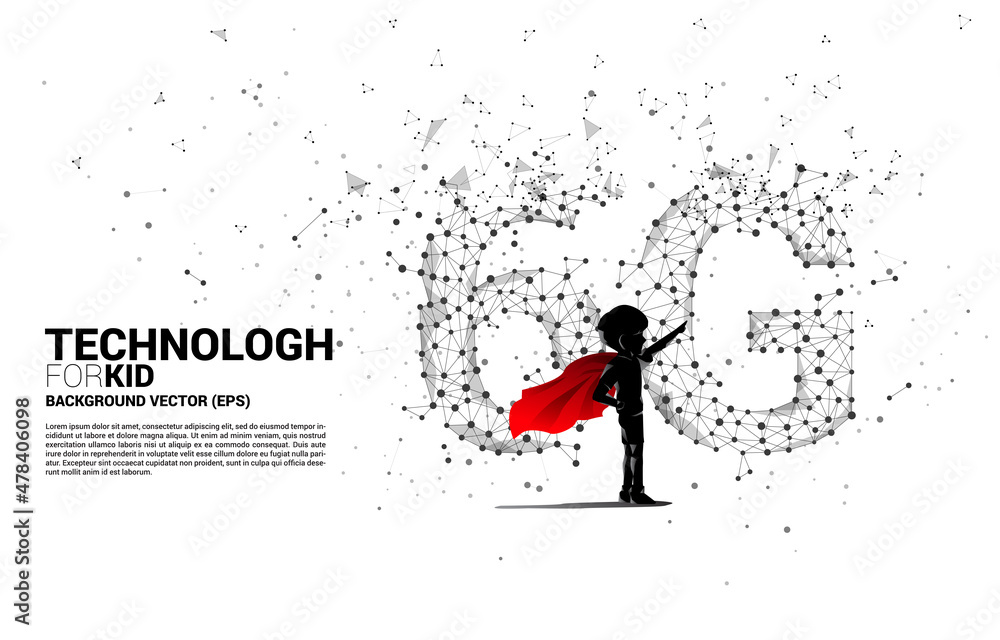 Poster silhouette of kid in superhero suit with polygon dot connect line shaped 6g mobile network. concept 