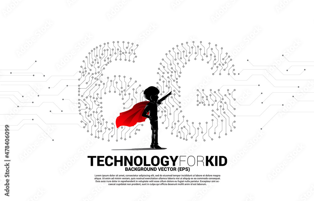 Poster Silhouette of kid in superhero suit with 6G dot connect line circuit board style mobile phone icon. Concept for children and data transfer of mobile data network.