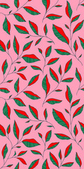 Seamless pattern with doodle colorful leaves. Vector floral background with stylized tree branches.