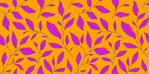 Seamless pattern with doodle colorful leaves. Vector floral background with stylized tree branches.