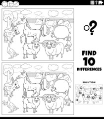 differences game with cartoon farm animals color book page