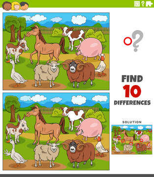 differences educational game with cartoon farm animals
