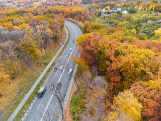 Aerial traffic on scenic road in autumnal yellow forest. Cars driving street in autumn city park. Treetop view on Kharkiv, Ukraine