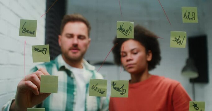 A young man and woman are planning in the office, drawing on a glass board