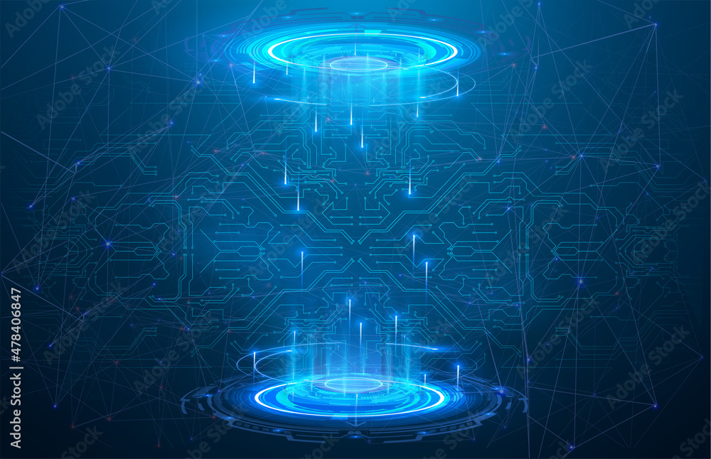 Poster hi tech modern tech stage or room with digital architecture circuit line around. magic portal, holog