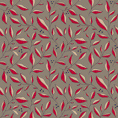 Seamless pattern with doodle colorful leaves. Vector floral background with stylized tree branches.